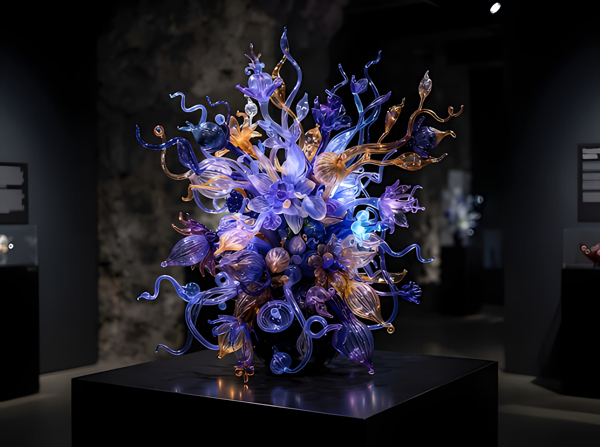 Blown-glass flower sculpture on a black plinth, generated