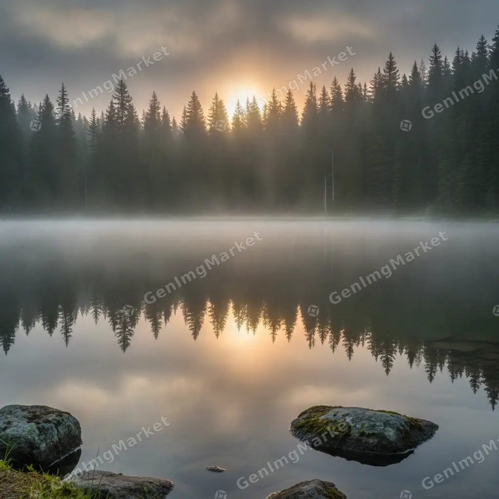 Alpine lake at sunrise, quiet water
