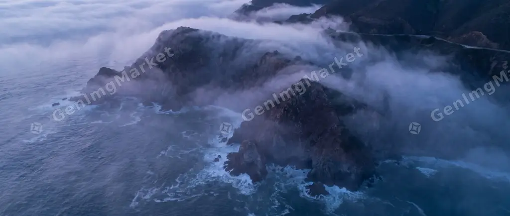 Aerial banner of a fog-bound coastline in cold twilight.