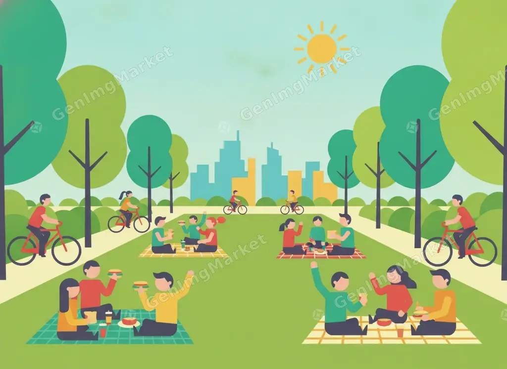 Joyful flat illustration of a weekend park.
