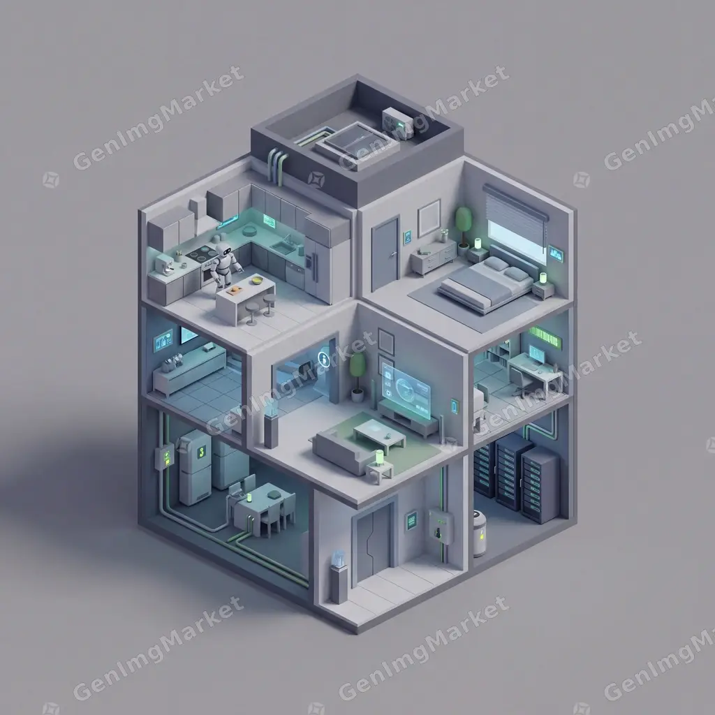 4K isometric render of a smart home, tidy geometry.