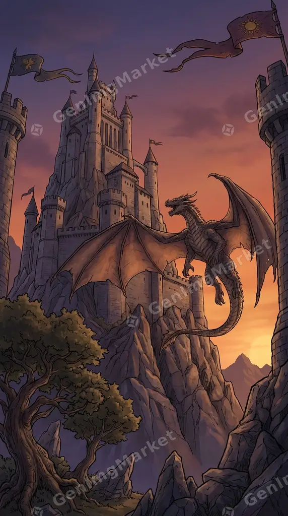 Epic fantasy wallpaper: dragon circling a mountain citadel.