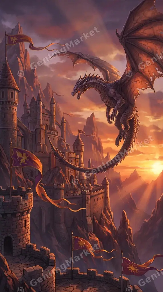 Epic fantasy wallpaper: dragon circling a mountain citadel.